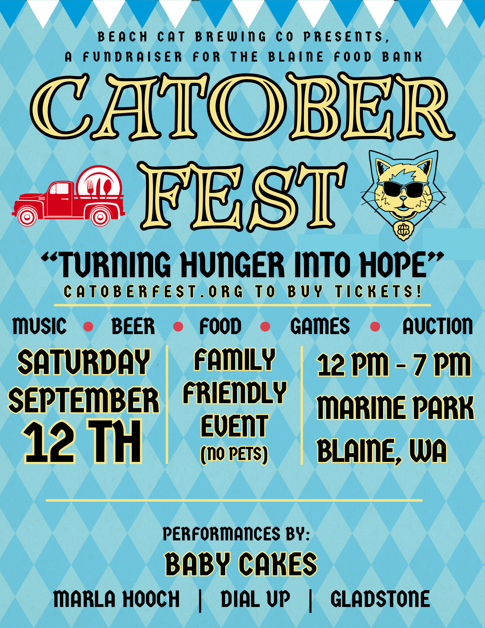 Catoberfest 2026 Flyer 
Turning Hunger into Hope
Saturday September 12th 12PM to 7PM
Performances by:
Baby Cakes, Marla Hooch, Dial Up and Gladstone