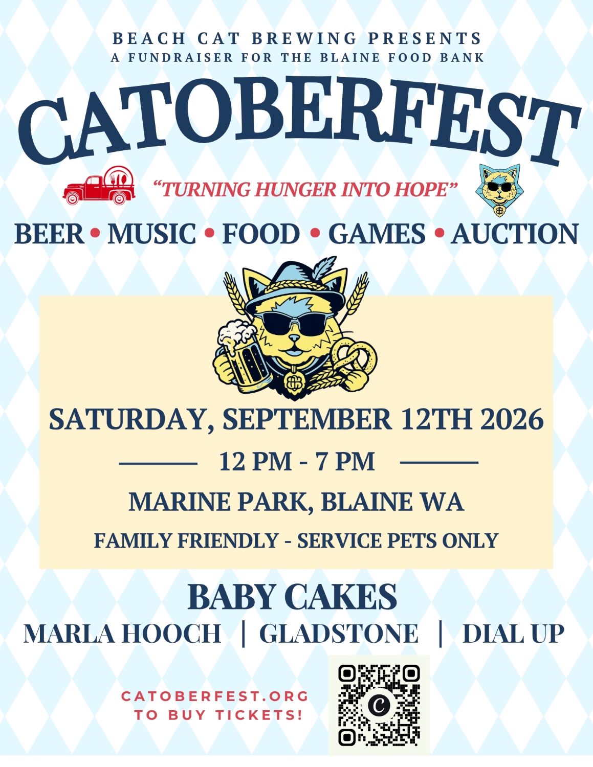 Catoberfest 2026 Flyer 
Turning Hunger into Hope
Saturday September 12th 12PM to 7PM
Performances by:
Baby Cakes, Marla Hooch, Dial Up and Gladstone